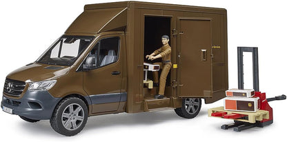 bruder Mercedes-Benz Sprinter UPS with Driver Hand Pallet Truck & Shipping Boxes - Shipping Logistics Transporter Parcel Service Van Truck 1:16, ages 4+