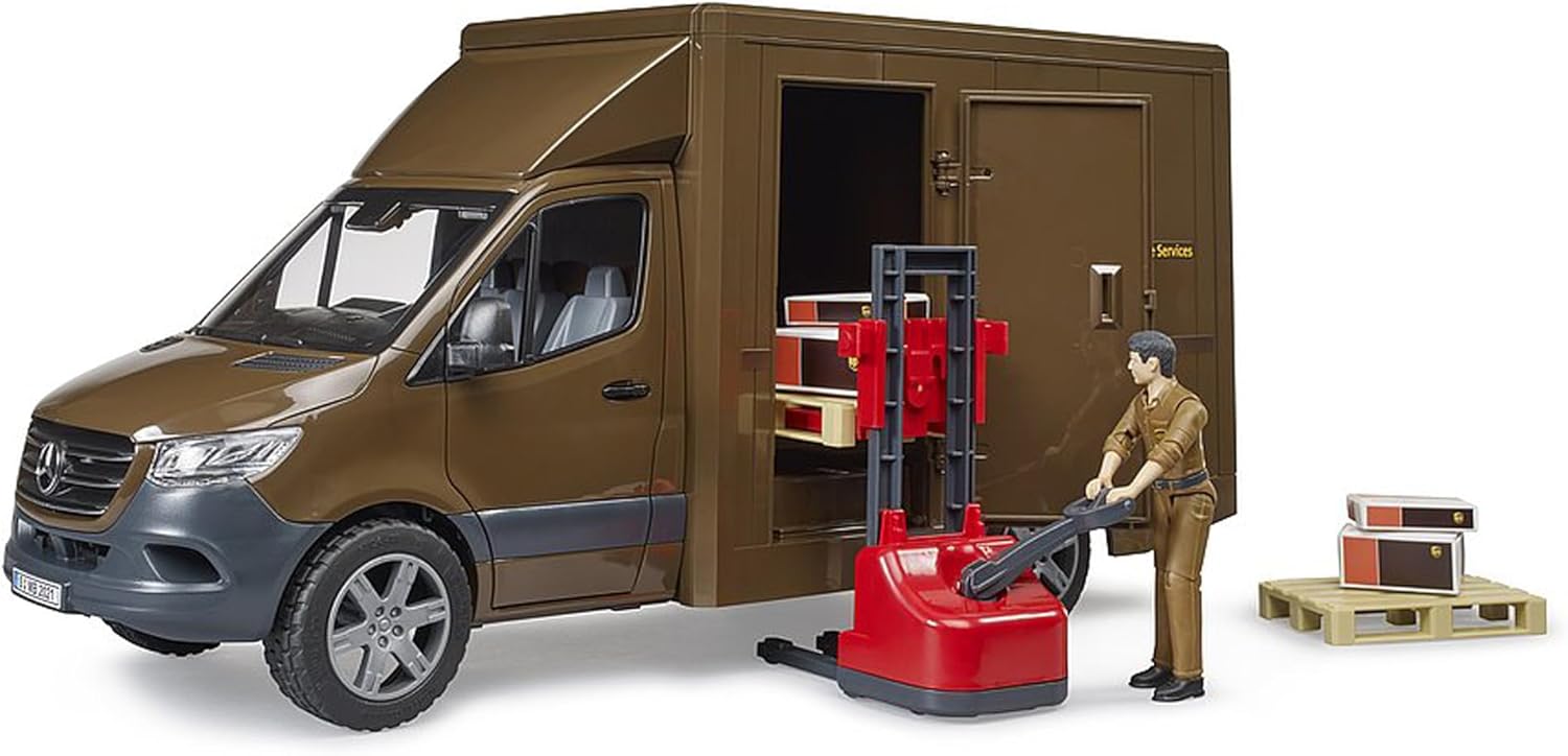 bruder Mercedes-Benz Sprinter UPS with Driver Hand Pallet Truck & Shipping Boxes - Shipping Logistics Transporter Parcel Service Van Truck 1:16, ages 4+