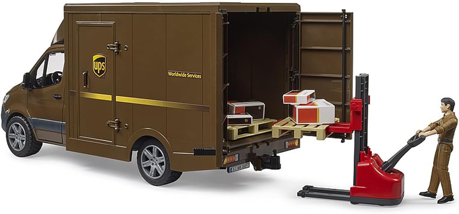 bruder Mercedes-Benz Sprinter UPS with Driver Hand Pallet Truck & Shipping Boxes - Shipping Logistics Transporter Parcel Service Van Truck 1:16, ages 4+