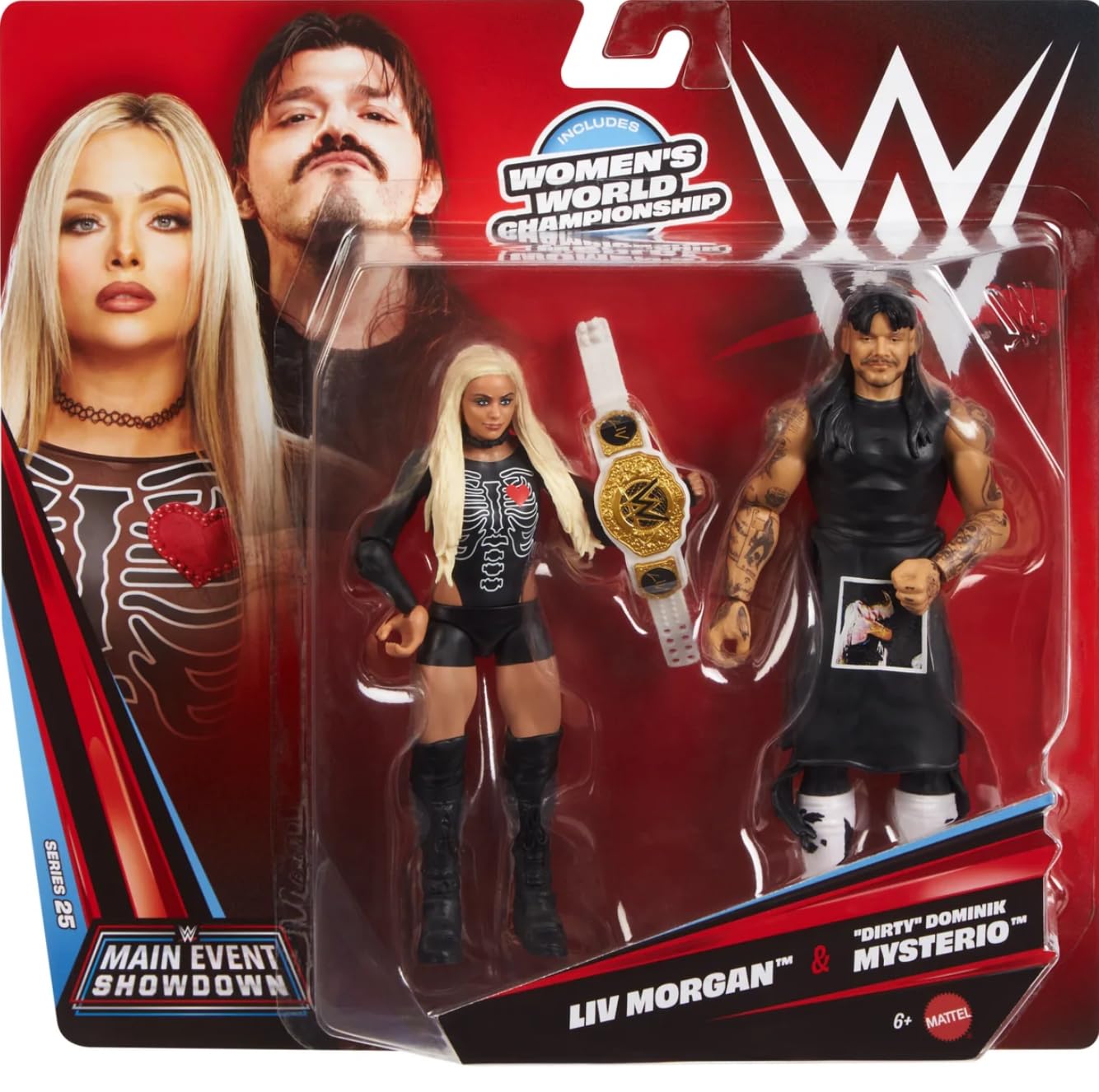 Mattel WWE Main Event Showdown Action Figures 2-Pack with Accessory, Series #25 ”Dirty” Dominik Mysterio & Liv Morgan Collectible Set, 6-inch, JHJ58