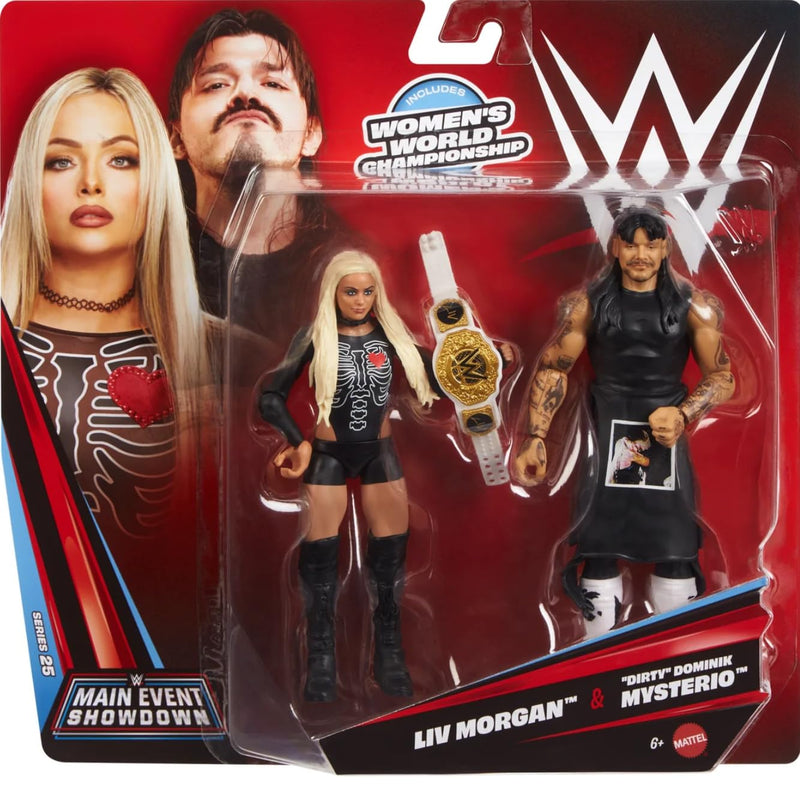 Mattel WWE Main Event Showdown Action Figures 2-Pack with Accessory, Series #25 ”Dirty” Dominik Mysterio & Liv Morgan Collectible Set, 6-inch, JHJ58