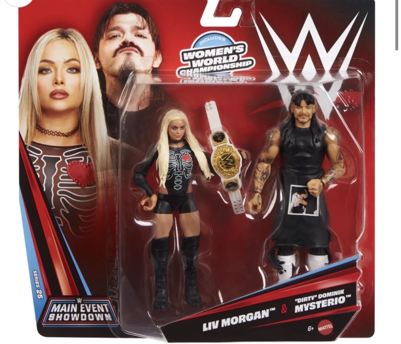 Mattel WWE Main Event Showdown Action Figures 2-Pack with Accessory, Series #25 ”Dirty” Dominik Mysterio & Liv Morgan Collectible Set, 6-inch, JHJ58