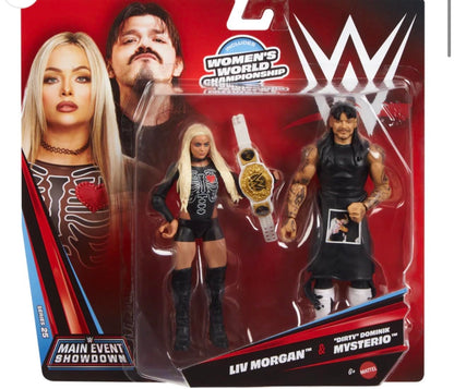 Mattel WWE Main Event Showdown Action Figures 2-Pack with Accessory, Series #25 ”Dirty” Dominik Mysterio & Liv Morgan Collectible Set, 6-inch, JHJ58