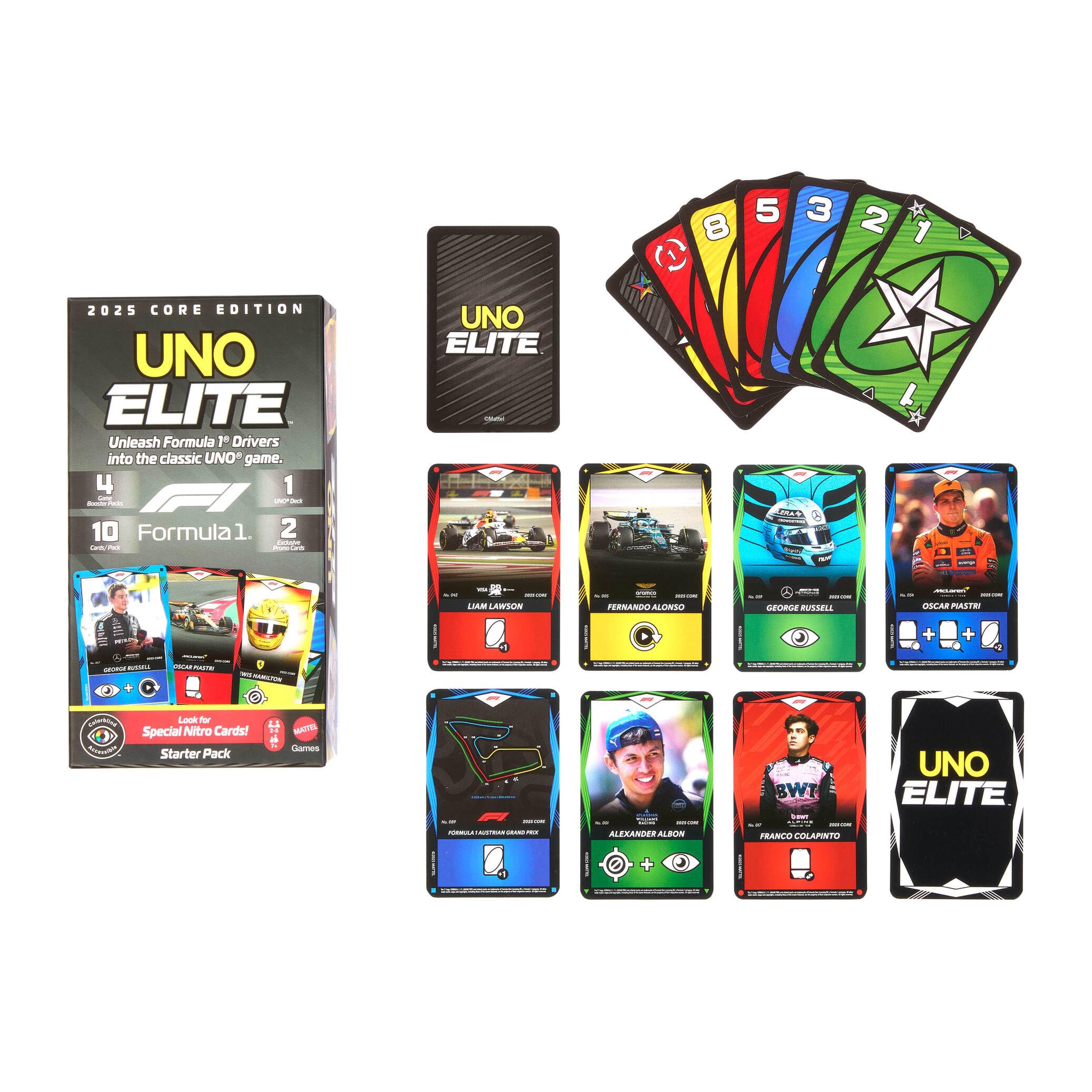 Mattel Games UNO Élite Formule 1 Édition Standard 2025 avec 4 boosters et 2 Cartes pour Enfants, Fans, familles et soirées Jeux, JLV42