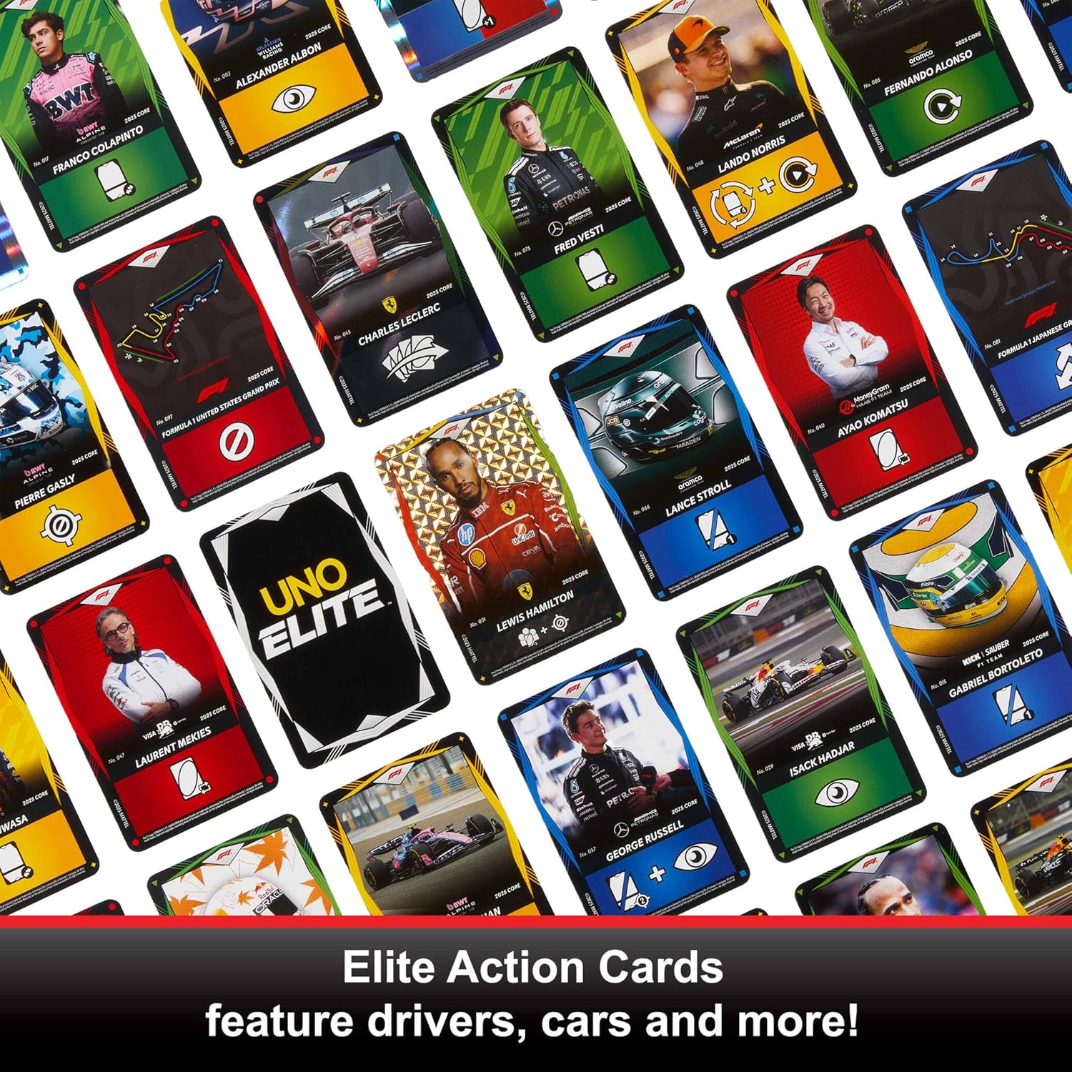 Mattel Games UNO Élite Formule 1 Édition Standard 2025 avec 4 boosters et 2 Cartes pour Enfants, Fans, familles et soirées Jeux, JLV42