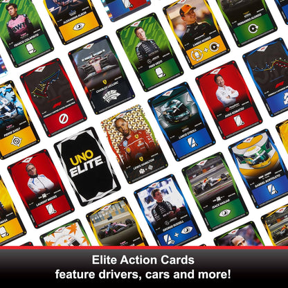 Mattel Games UNO Élite Formule 1 Édition Standard 2025 avec 4 boosters et 2 Cartes pour Enfants, Fans, familles et soirées Jeux, JLV42