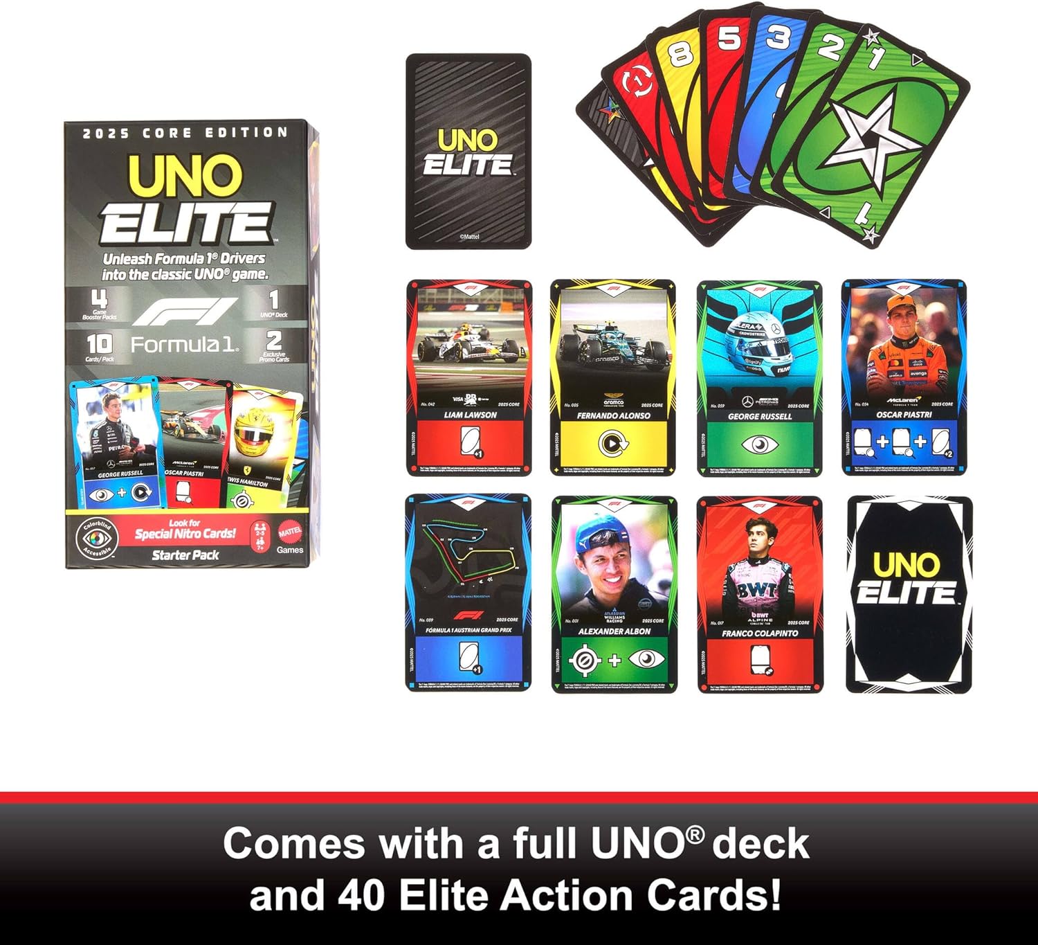Mattel Games UNO Élite Formule 1 Édition Standard 2025 avec 4 boosters et 2 Cartes pour Enfants, Fans, familles et soirées Jeux, JLV42