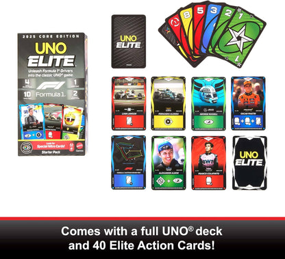 Mattel Games UNO Élite Formule 1 Édition Standard 2025 avec 4 boosters et 2 Cartes pour Enfants, Fans, familles et soirées Jeux, JLV42