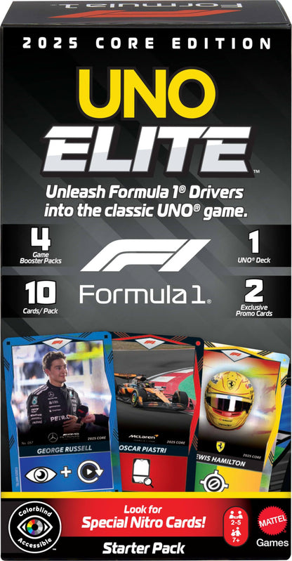 Mattel Games Elite Formula 1 2025 Core Edition Starter Pack Card Game with 4 Game Booster Packs & 2 Promo Cards for Kids, Fans, Families & Game Night, JLV42, Mattel Games Elite Formel 1 2025 Core Edition Kartenspiel-Starterset mit 4 Erweiterungssets und 2
