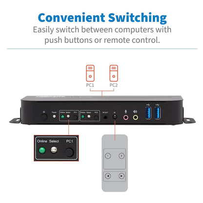 Eaton Tripp Lite 2-Port DisplayPort/USB KVM Switch - 4K 60 Hz, HDR, HDCP 2.2, IR, DP 1.4, USB Sharing, USB 3.0 Cables (B005-DPUA2-K