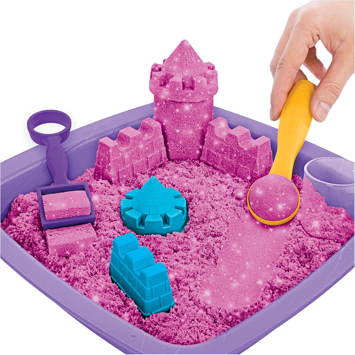 Kinetic Sand | Shimmer Sand Castle 454g | Magic Sand | Pink Glitter Coloured Sand | 3 Accessories and Tray Included | Toys for Boys and Girls 3 Years