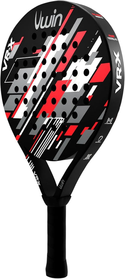 Uwin VR-X Padel Racket, Fibreglass Frame, EVA 15 Core for Balanced Power and Control, Round Shape with Central Sweet Spot, Matte Finish, Red White Grey