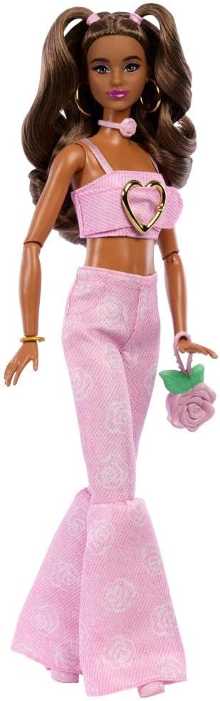 Barbie Deluxe Style Doll #12 in Pink Denim Crop Top with Matching Rose Print Flare Jeans, Wavy Brown Hair, Accessories like Rose Handbag and Jewelry, JJN72