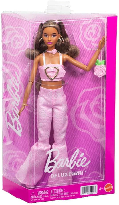 Barbie Deluxe Style Doll #12 in Pink Denim Crop Top with Matching Rose Print Flare Jeans, Wavy Brown Hair, Accessories like Rose Handbag and Jewelry, JJN72