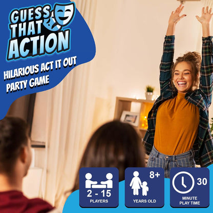 Guess That Action: Hilarious Charades-Style Party Game for Family & Friends - Travel Size - 2-15 Players - Ages 8+
