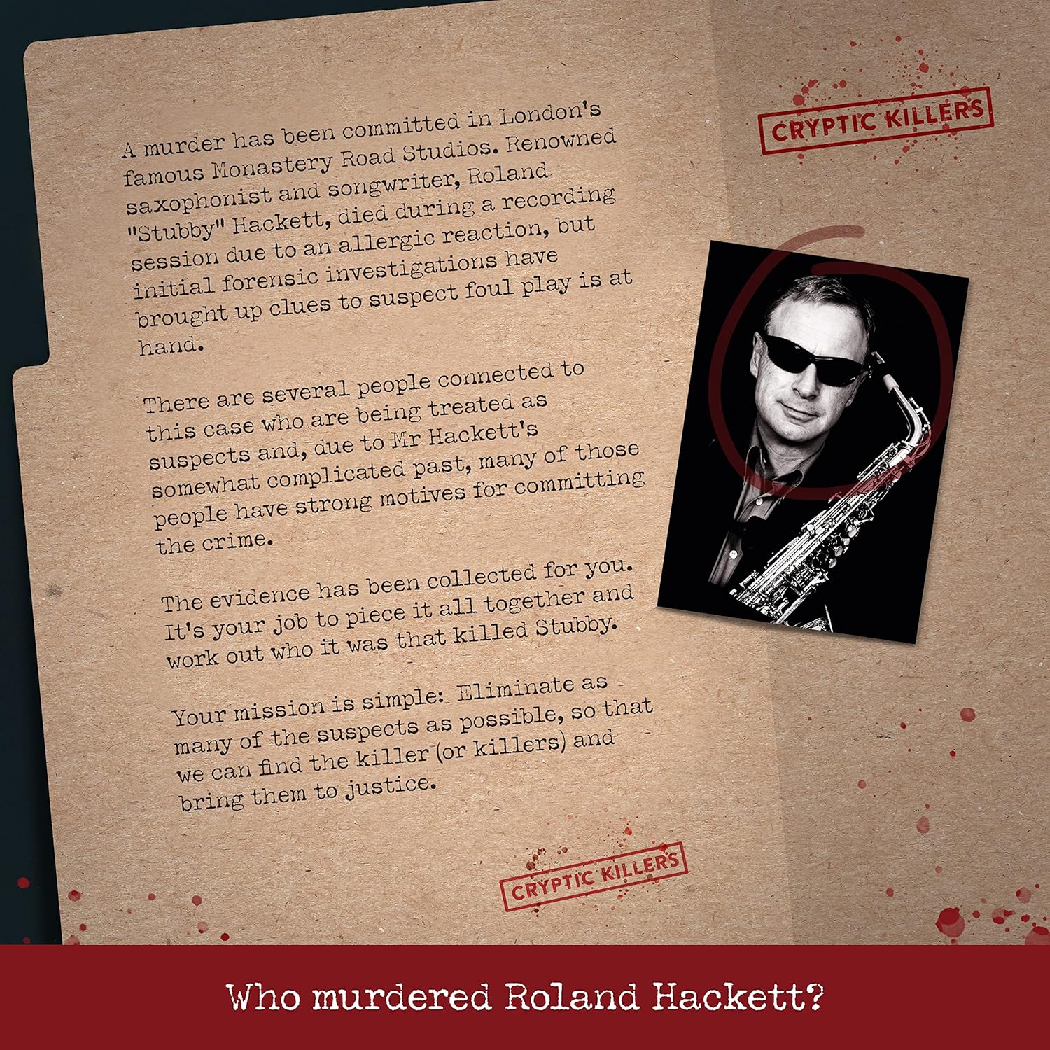 Cryptic Killers Unsolved murder mystery game - Cold Case Files Investigation - Detective clues/evidence - Solve the crime - Individuals, date nights & party groups - Murder of a Musician