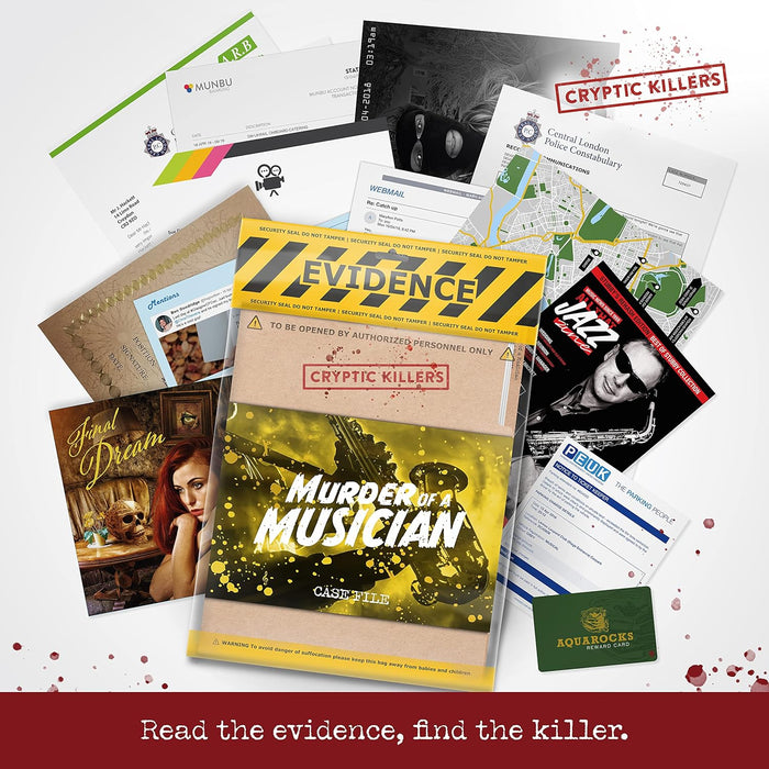 Cryptic Killers Unsolved murder mystery game - Cold Case Files Investigation - Detective clues/evidence - Solve the crime - Individuals, date nights & party groups - Murder of a Musician