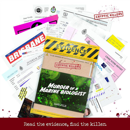 Cryptic Killers Unsolved murder mystery game - Cold Case Files Investigation Detective clues/evidence - Solve the crime - individuals, date nights & party groups - Murder of a Marine Biologist