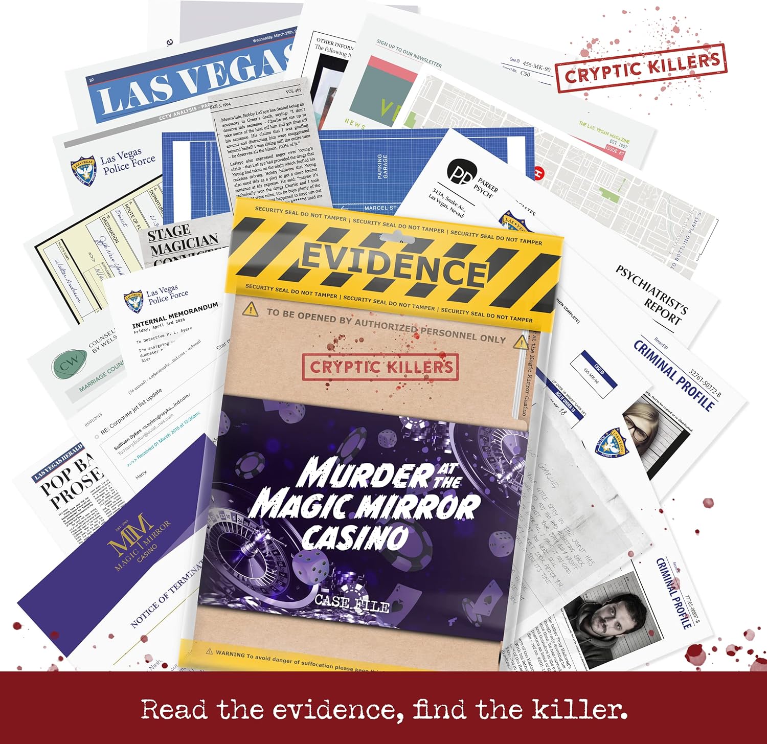 Cryptic Killers Unsolved murder mystery game - Cold Case Files Investigation Detective Evidence & Crime File - individuals, date nights & party games- Murder at the Magic Mirror Casino