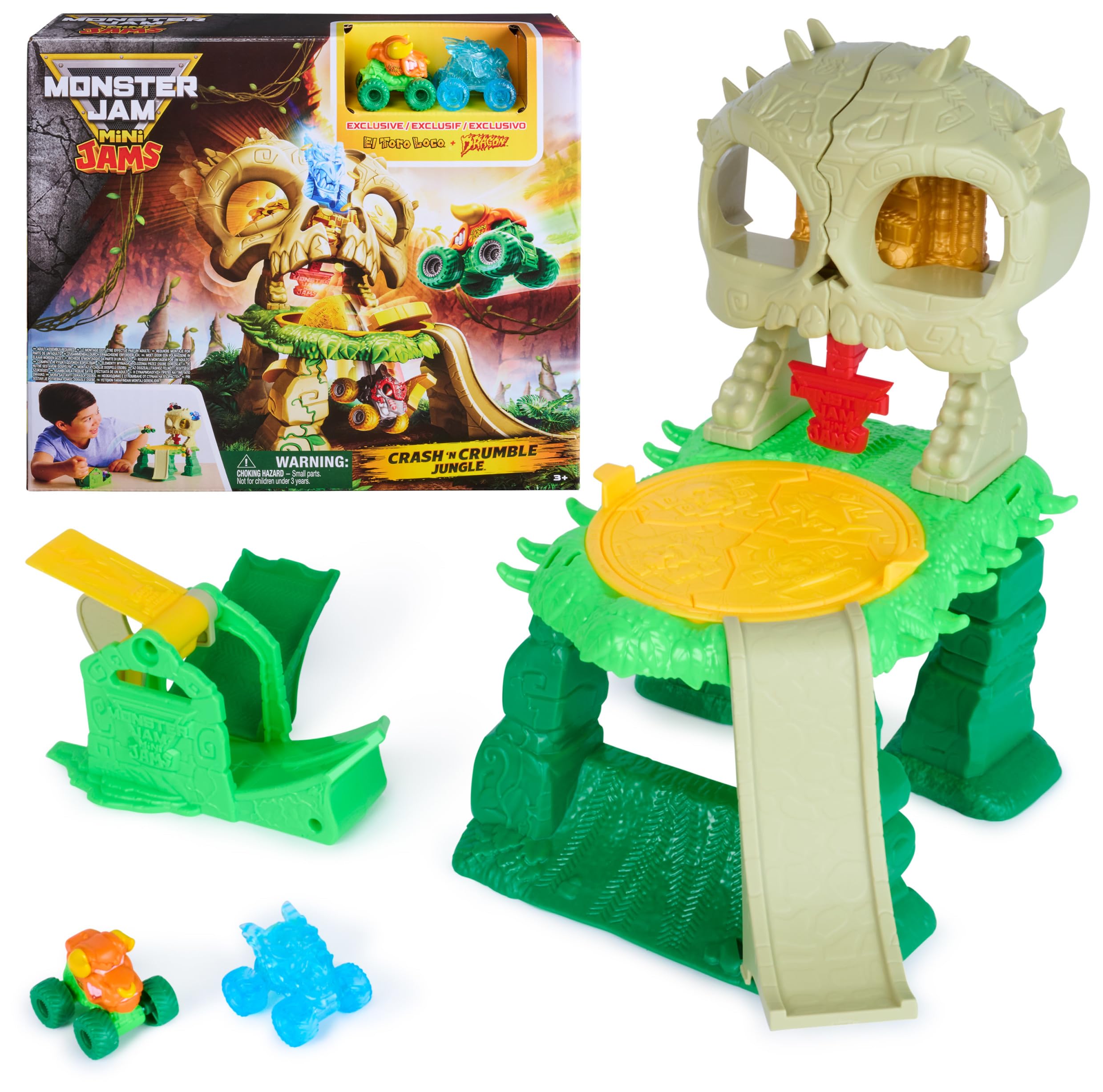 Monster Jam Mini Jams, Crash & Crumble Skull Escape Playset, 2 Exclusive Die-Cast El Toro Loco and Dragon Monster Trucks, Kids Toys for Boy and Girls Ages 3 and up