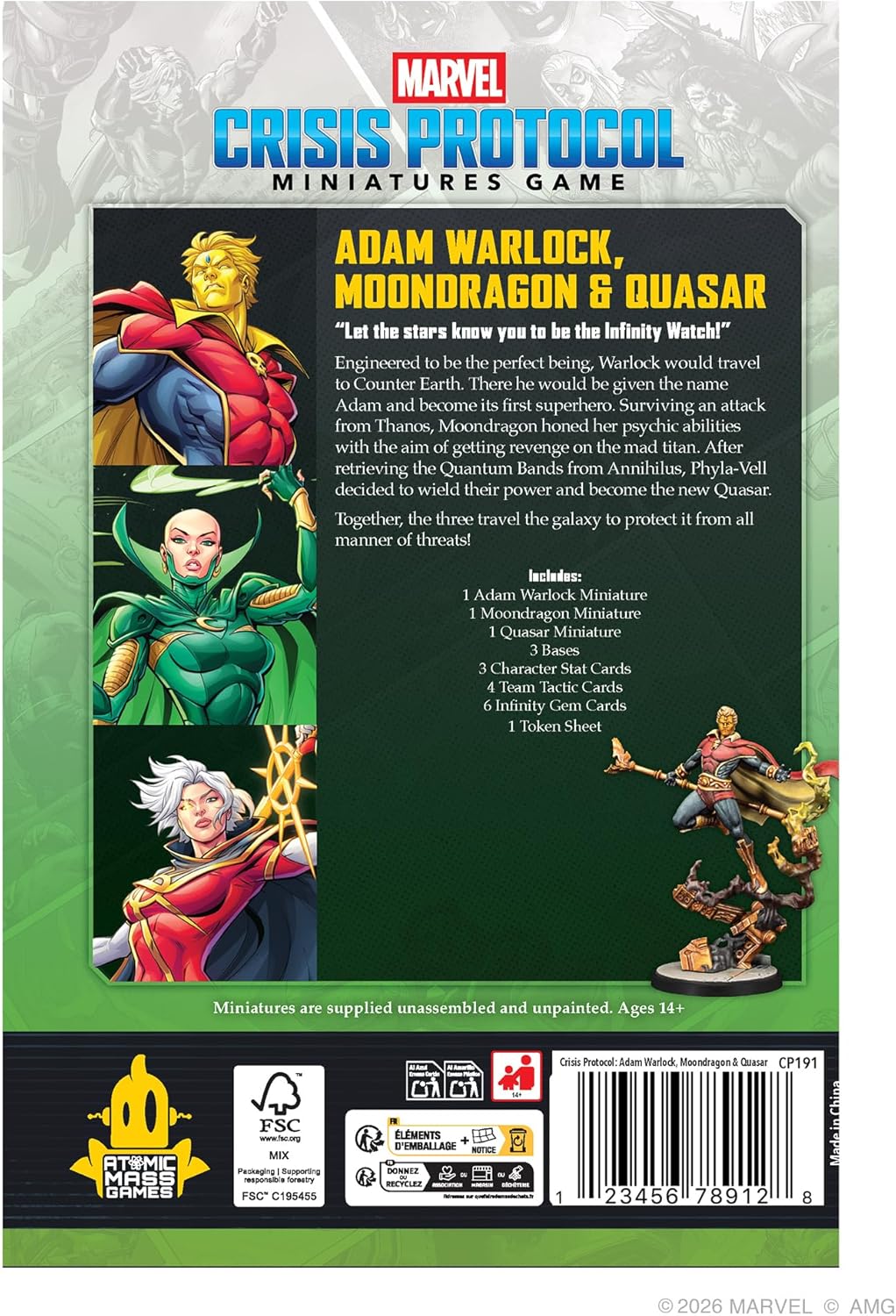 Asmodee | Marvel: Crisis Protocol Adam Warlock, Moondragon, Quasar Character Pack | Miniatures Game | Ages 14+ | 2 Players | 90 Minutes Playing Time