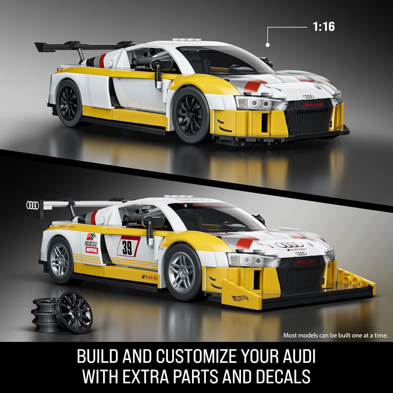 Mattel Brick Shop Hot Wheels Elite Series Building Set, ’15 Audi R8 LMS with 820 Pieces, Realistic Details and Custom Decals, Adult Collectors and Kids Ages 10+, JFT18