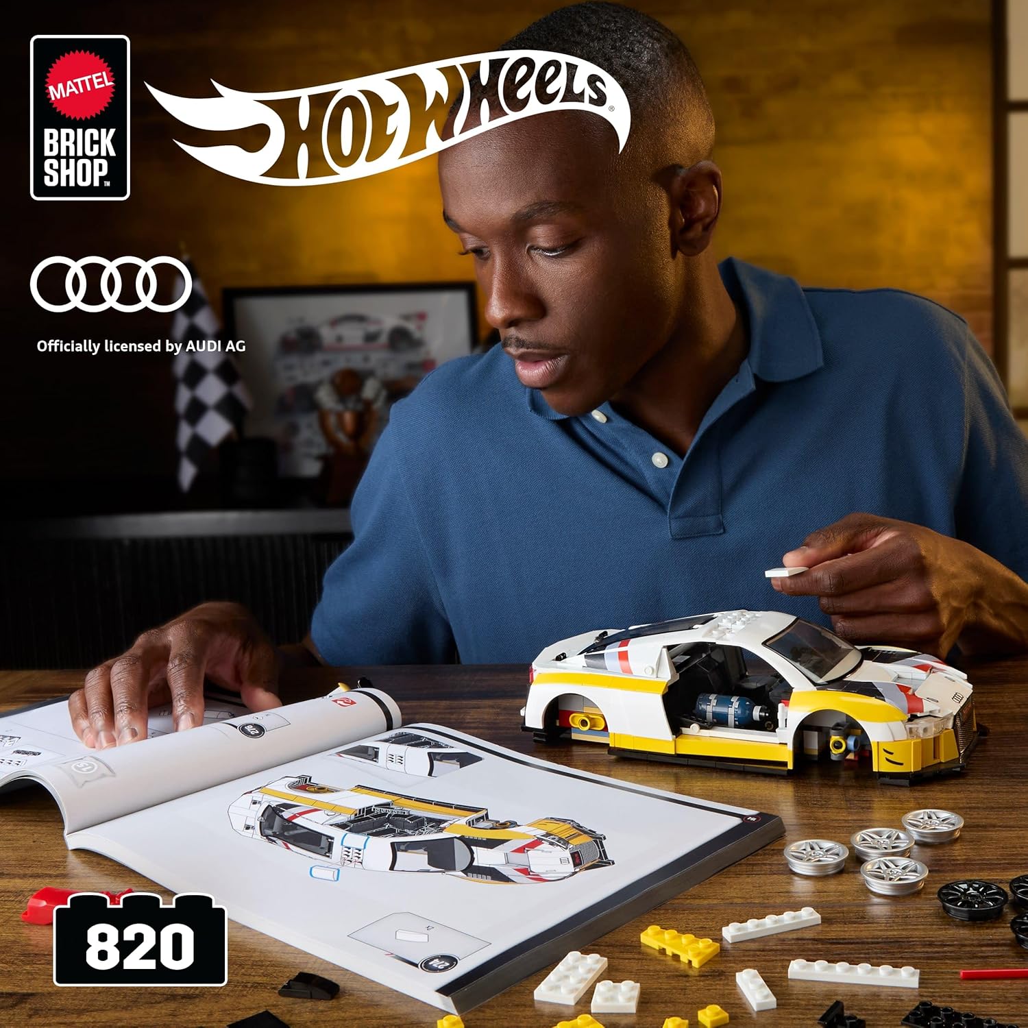 Mattel Brick Shop Hot Wheels Elite Series Building Set, ’15 Audi R8 LMS with 820 Pieces, Realistic Details and Custom Decals, Adult Collectors and Kids Ages 10+, JFT18