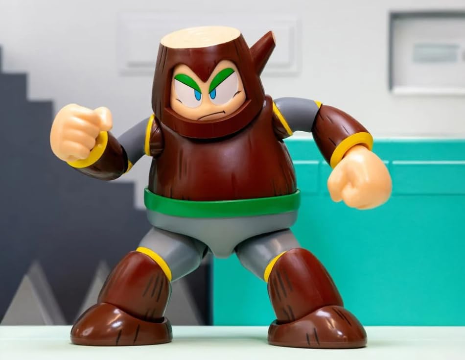 Jada Toys Mega Man - Statuetta di Wood Man (11,5 cm) - Personaggio mobile da collezione e action della serie Megaman, con testa alternativa, mani e accessori, per fan e collezionisti a partire dai 13