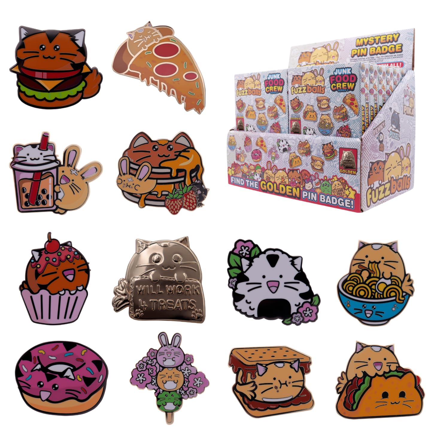 Fuzzballs Mystery Pin Badge CDU – x12 simpatici badge stile anime in scatole cieche di spille smaltate da collezione e include una rara spilla dorata "Will Work 4 Treats"