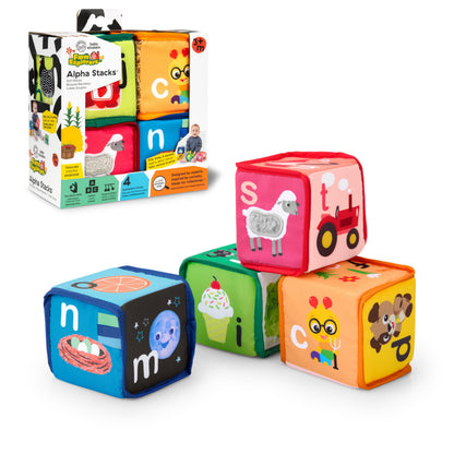 Baby Einstein, Alpha Stacks Blocs Souples - Jouets Sensoriels Légers pour Apprentissage des Lettres et Coordination Main-Œil, 3 Mois et Plus