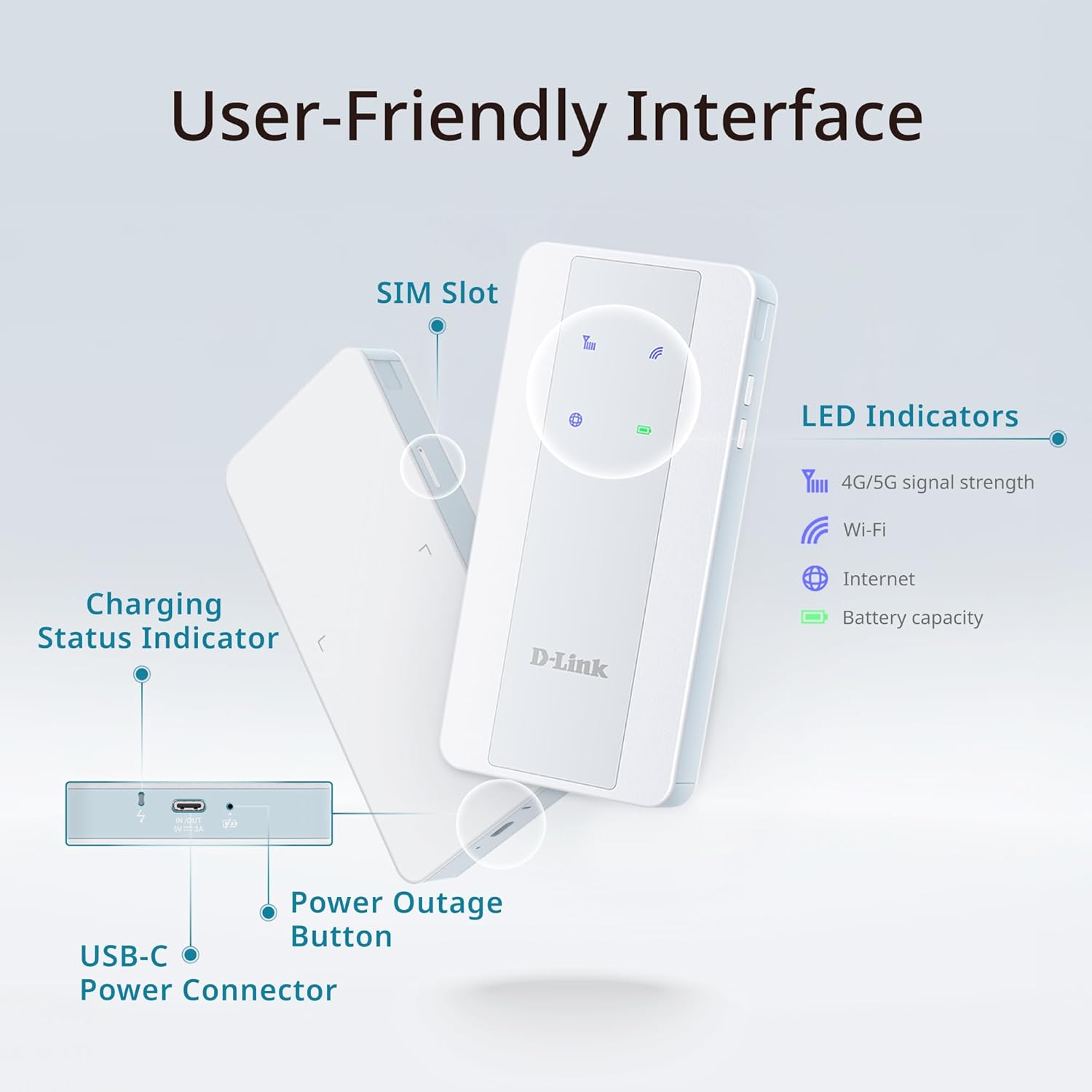 D-Link F518 5G NR AX1800 Wi-Fi 6 Mobile Hotspot – Portable 5G Router with Power Bank Function, All-Day Battery, Dual-Band Wi-Fi, WPA3 Security