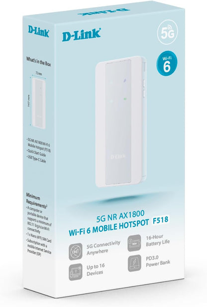 D-Link F518 5G NR AX1800 Wi-Fi 6 Mobile Hotspot – Portable 5G Router with Power Bank Function, All-Day Battery, Dual-Band Wi-Fi, WPA3 Security