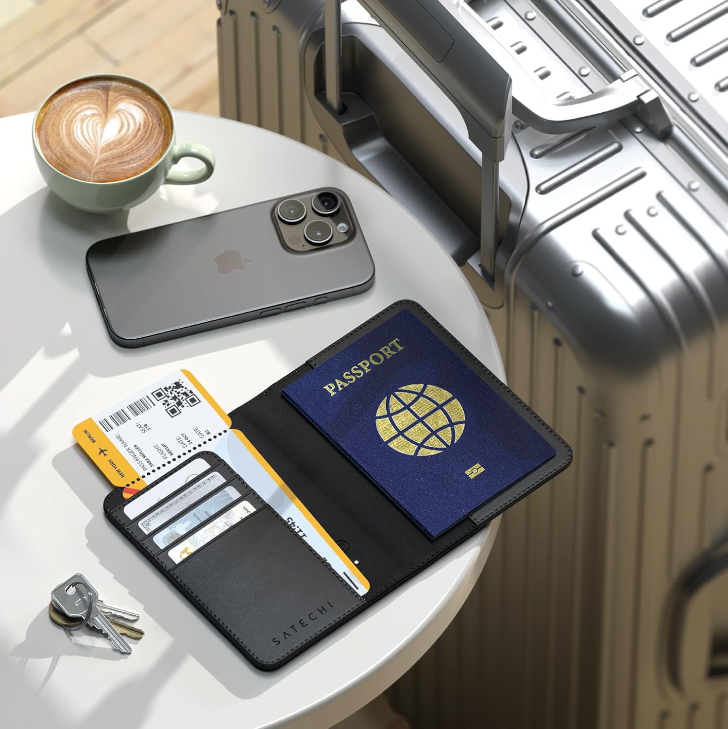 Satechi Passport Holder for Travel with Find My, Passport Cover with 4 Card Holder, Wireless Charging, and RFID Protection – Travel Essential Synthetic Material (PU) Passport Holder –