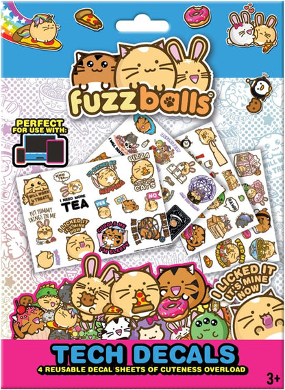 Fuzzballs Cute Anime Animal Tech Decal Stickers – 4 Reusable Vinyl Sheets for Laptop, Phone, Tablet, Console & Notebook Decoration