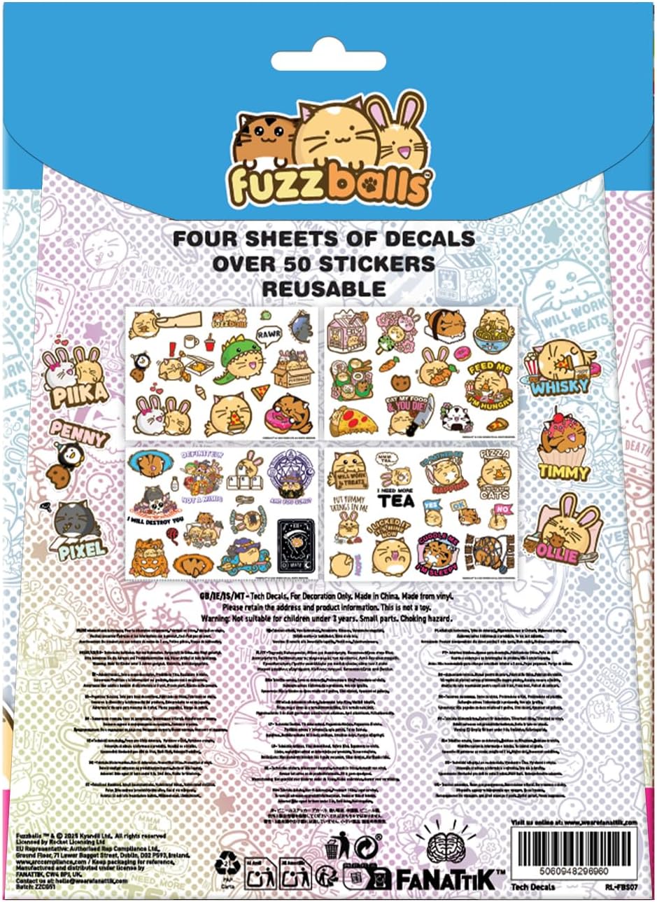 Fuzzballs Cute Anime Animal Tech Decal Stickers – 4 Reusable Vinyl Sheets for Laptop, Phone, Tablet, Console & Notebook Decoration
