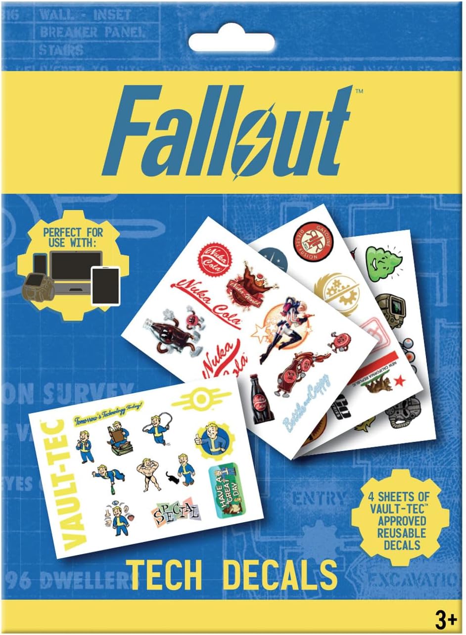 Fallout Tech Decals – Official Vinyl Sticker Set, 4 Reusable Sheets for Laptops, Consoles, Water Bottles & More