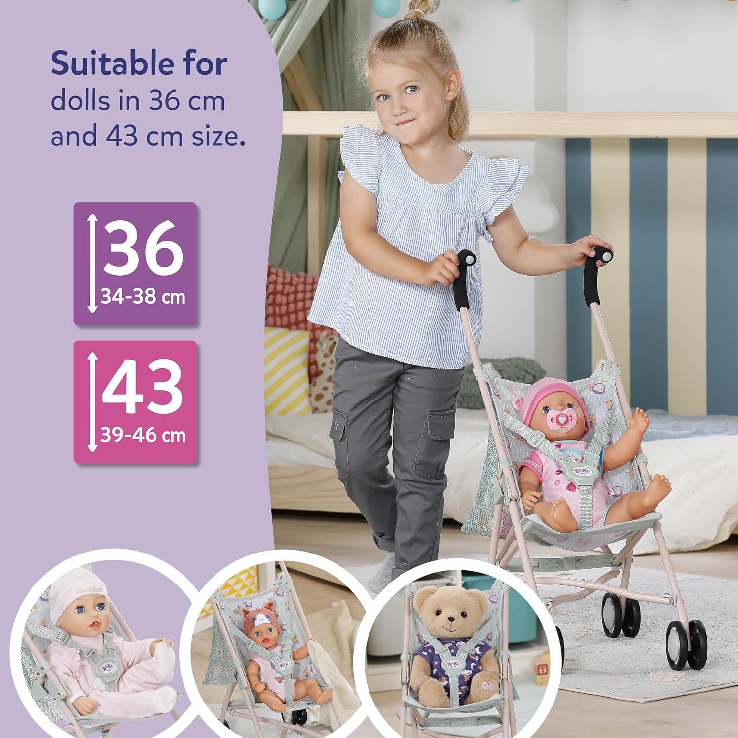 BABY born doll's pram with bag in jungle design with 3-point harness, foldable