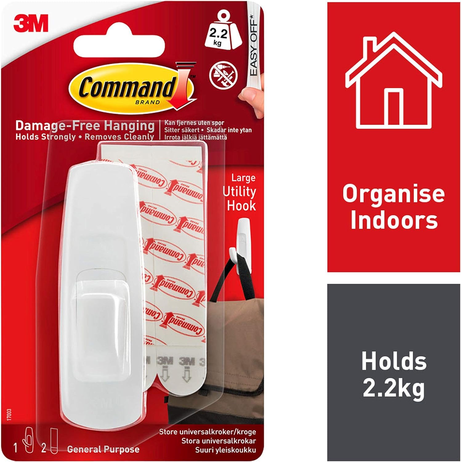 Command Large Utility Hook, Pack of 1 Hook and 2 Adhesive Strips, White - Damage Free Hanging - Holds up to 2.2kg