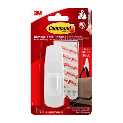 Command Large Utility Hook, Pack of 1 Hook and 2 Adhesive Strips, White - Damage Free Hanging - Holds up to 2.2kg