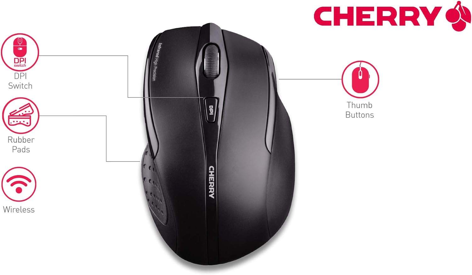 CHERRY MW 3000 Kabellose Ergonomische Rechtshändermaus, Nano-USB-Empfänger, 6-Tasten & Optischer Sensor, 2,4 GHz Funk-Verbindung, Gummierte Seiten, Schwarz