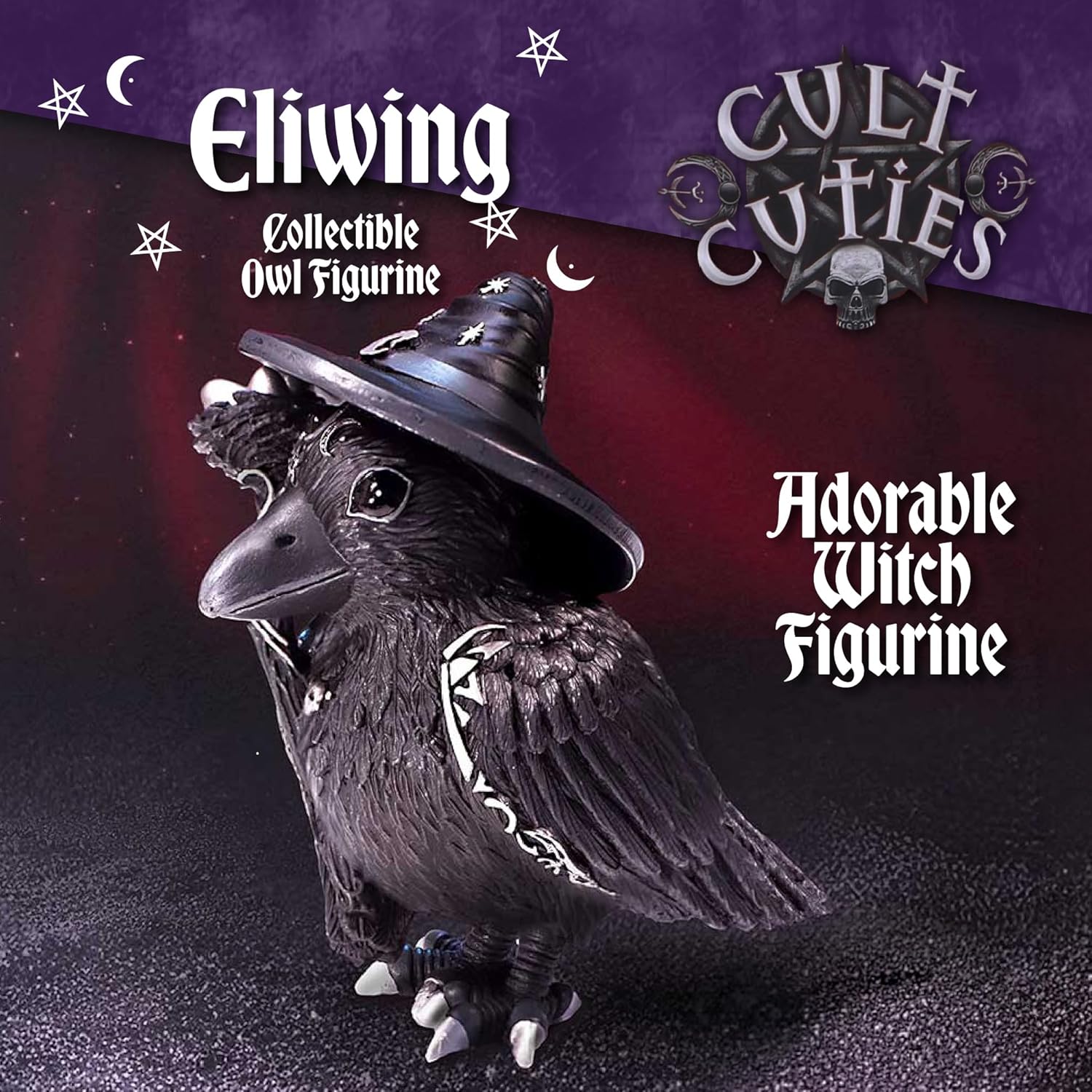 Nemesis Now Eliwing Collectible Cult Cuties Figurine 10.4cm – Gothic Fantasy Raven Statue with Witch Hat, Dark Fantasy Decor & Mystical Display Piece