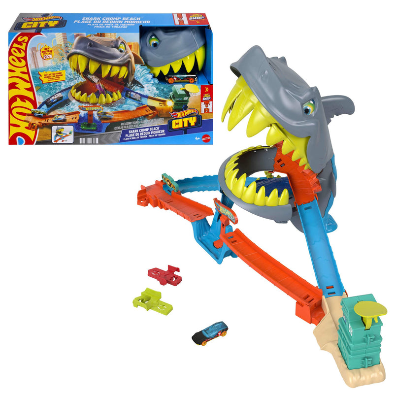 Hot Wheels Toy Car Track Set, City Shark Chomp Beach Playset with 1:64 Scale Die-Cast Vehicle. 2 Ways to Play, Knock Out the Shark or Get Eaten, JHL96