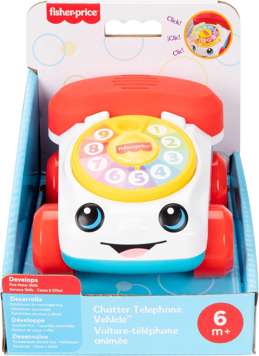 Fisher-Price Baby Toy Chatter Telephone Vehicle Push-Along with Sounds for Crawling Developmental Play Infants Ages 6+ Months, JKD56
