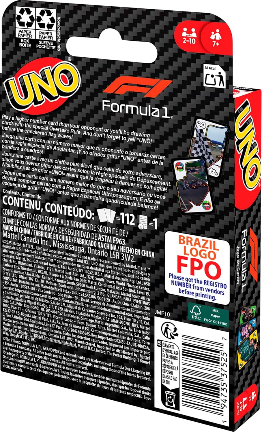 Mattel Games UNO F1 kaartspel voor kinderen, gezinnen, reizen en kamperen, kaarten bevatten beelden van de wereld van Formule 1, JMF10