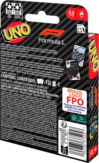 Mattel Games UNO F1 kaartspel voor kinderen, gezinnen, reizen en kamperen, kaarten bevatten beelden van de wereld van Formule 1, JMF10
