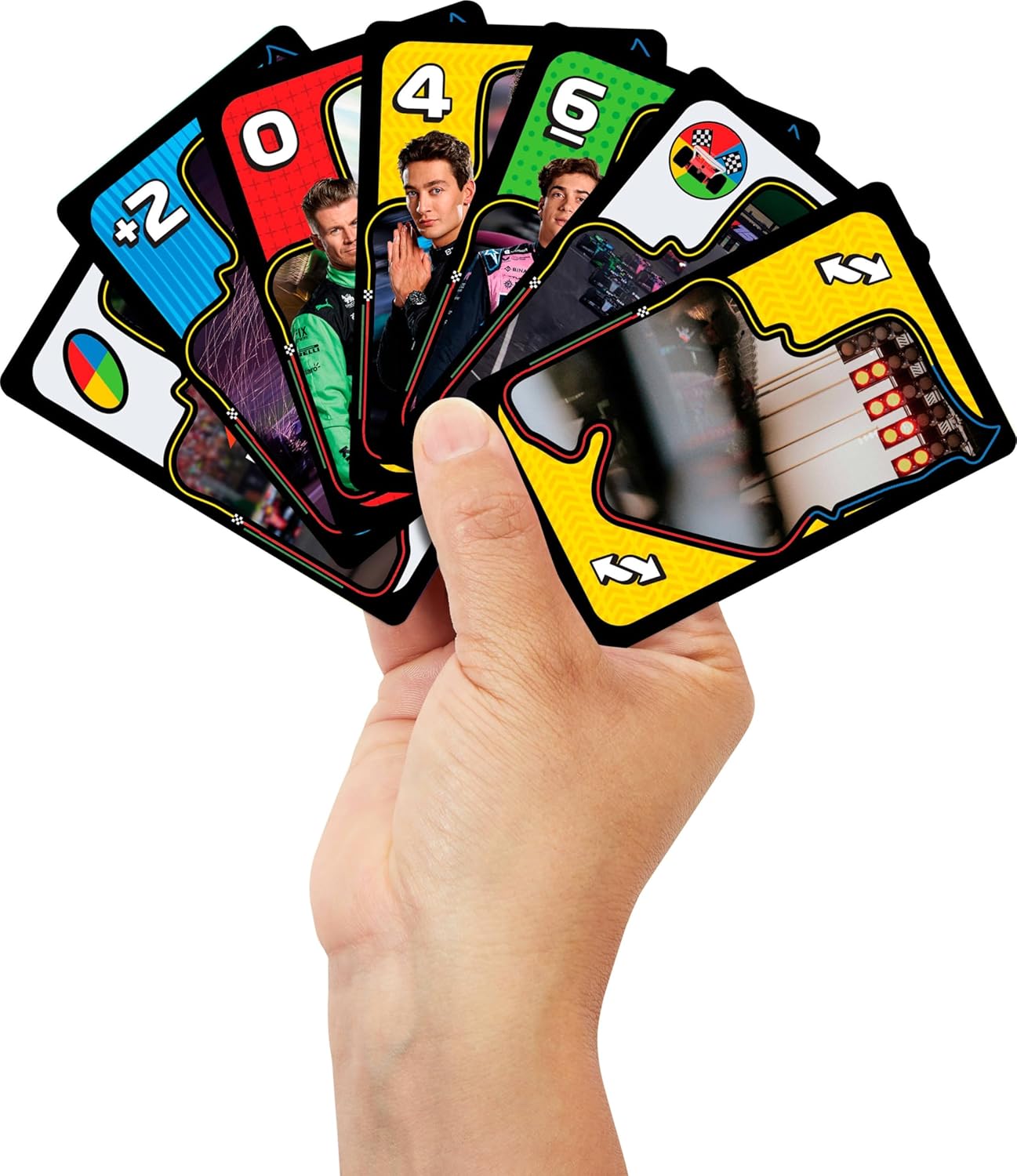 Mattel Games UNO F1 kaartspel voor kinderen, gezinnen, reizen en kamperen, kaarten bevatten beelden van de wereld van Formule 1, JMF10