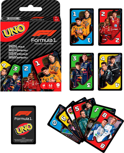 Mattel Games UNO F1 kaartspel voor kinderen, gezinnen, reizen en kamperen, kaarten bevatten beelden van de wereld van Formule 1, JMF10