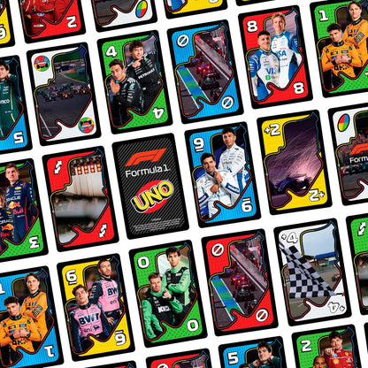 Mattel Games UNO F1 kaartspel voor kinderen, gezinnen, reizen en kamperen, kaarten bevatten beelden van de wereld van Formule 1, JMF10