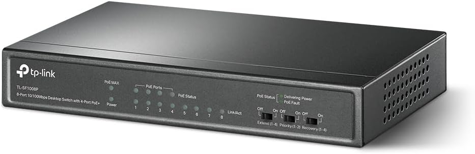 TP-Link PoE Switch 8-Port 100 Mbps, 4 PoE ports up to 15.4 W for each PoE port and 57 W for all PoE ports, Metal Casing, Plug and Play, Ideal for IP Surveillance and Access Point (TL-SF1008P), Black