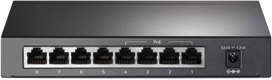 TP-Link PoE Switch 8-Port 100 Mbps, 4 PoE ports up to 15.4 W for each PoE port and 57 W for all PoE ports, Metal Casing, Plug and Play, Ideal for IP Surveillance and Access Point (TL-SF1008P), Black